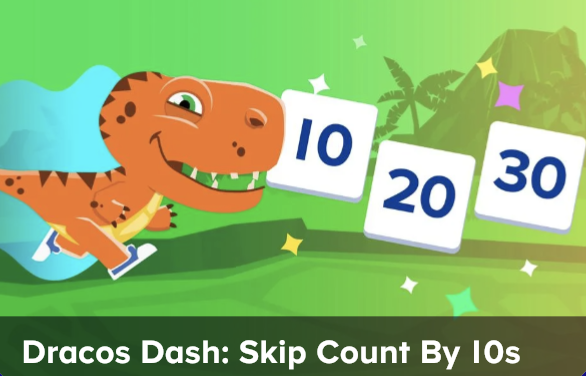 Cartoon orange dinosaur runs across a bright green landscape toward number tiles 10, 20, 30 to illustrate skip counting by tens.