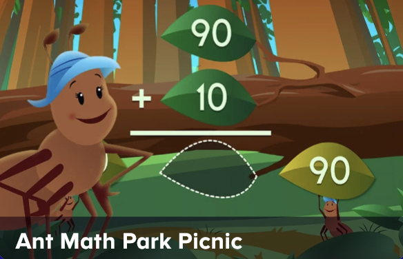Cartoon ant with a blue hat in a forest, showing 90 + 10 with leaves and a math line for a picnic-themed lesson.