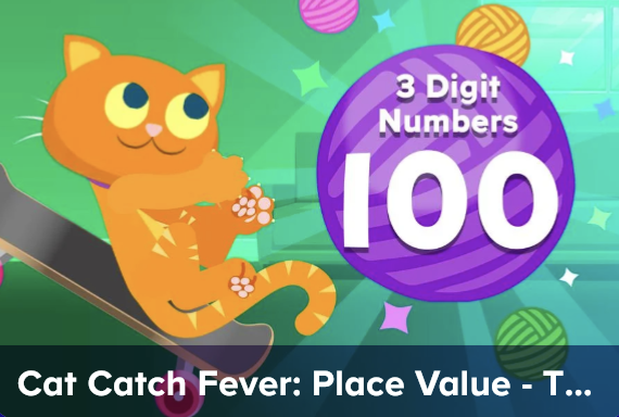 Colorful game cover showing an orange cat sliding down a ramp toward a large purple 100 circle, with '3 Digit Numbers' text and a bright green, starry background.