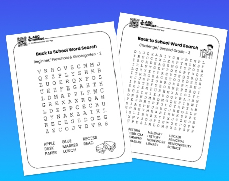 Two back-to-school word search worksheets (ABC Mouse) with letter grids, a small illustration, and a legend; one page labeled Beginner/Preschool & Kindergarten.