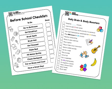 Two printable worksheets for kids: a 'Before School Checklist' with checkboxes and icons, and a 'Daily Brain & Body Boosters' list with illustrations.