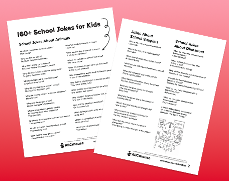 Two pages from a kid’s joke booklet showing '160+ School Jokes for Kids' and 'Jokes About School Supplies' with a small cartoon.