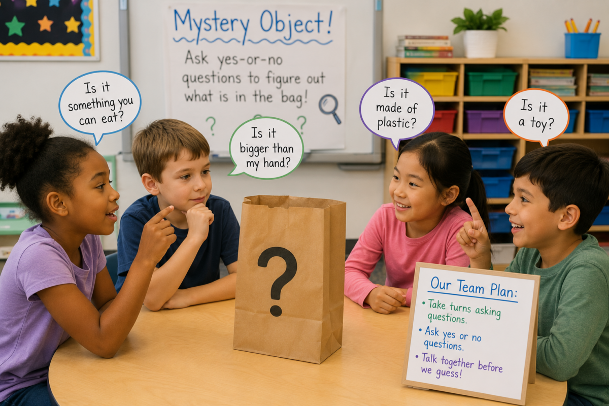 Four children sit around a table guessing what’s in a brown paper bag marked with a large question mark as part of a classroom mystery-object activity.