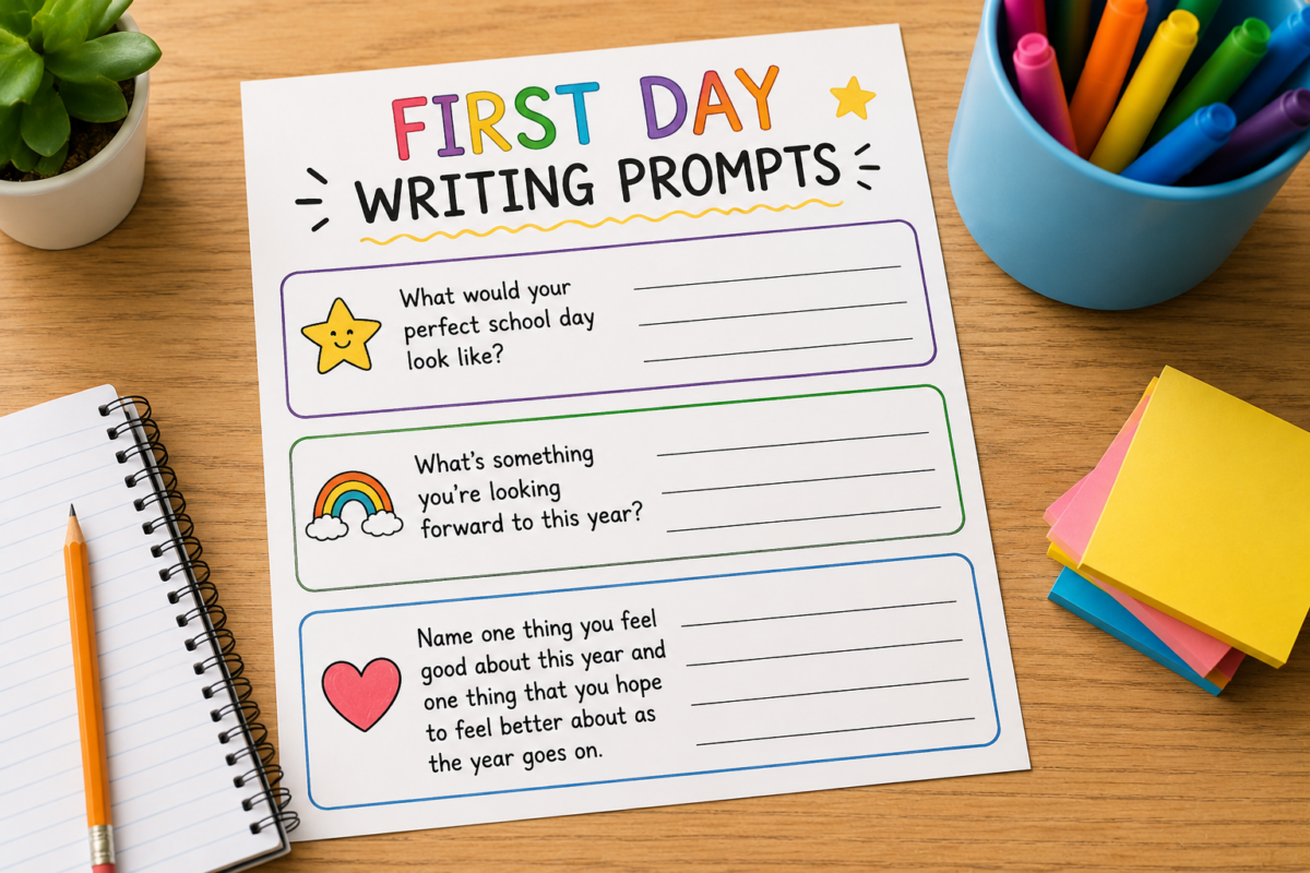 Colorful first-day writing prompts worksheet on a wooden desk, surrounded by a pencil, notebook, sticky notes, plant, and a cup of colored markers; prompts ask about a perfect school day, what you’re looking forward to this year, and positive reflections.