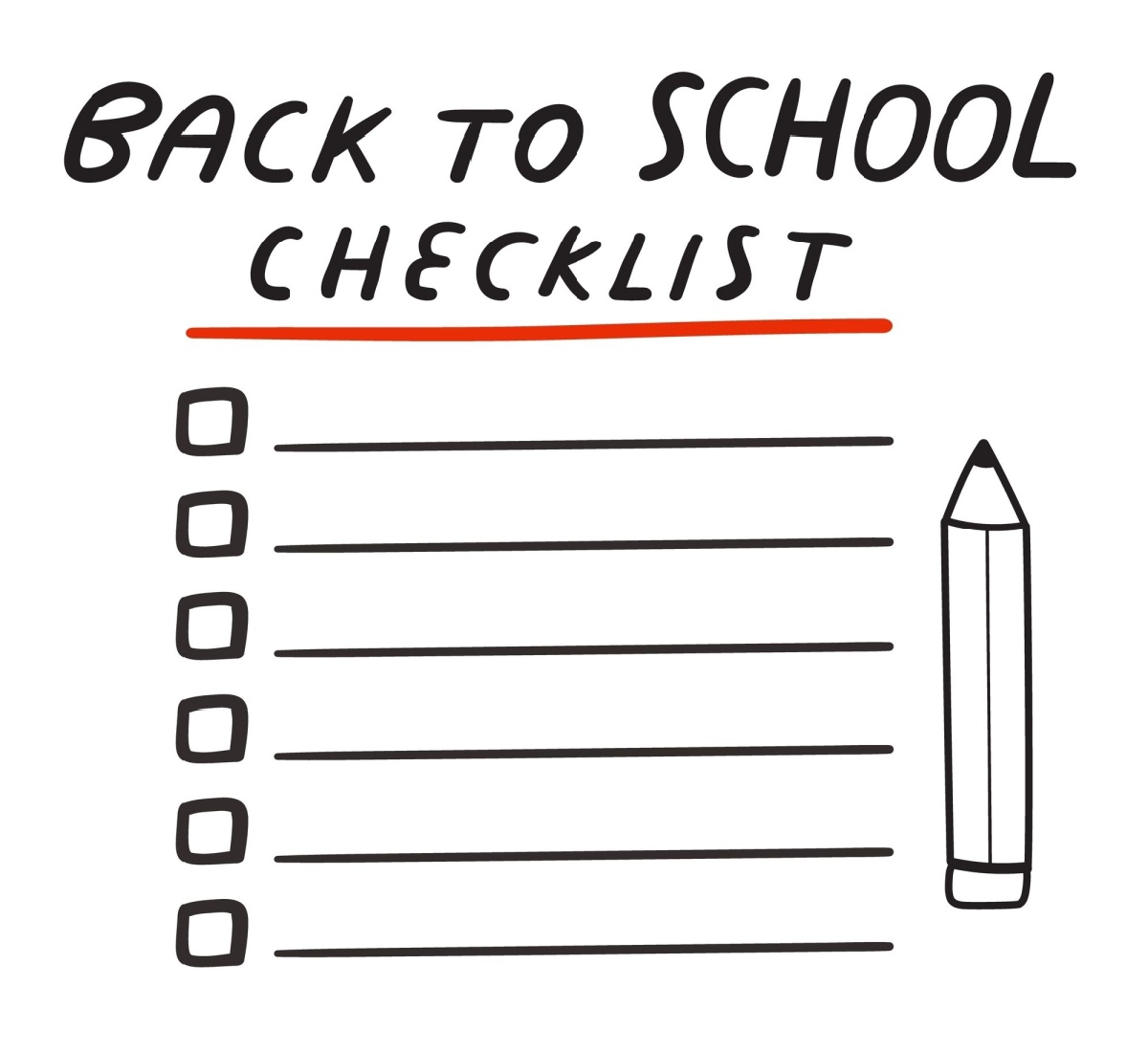 Illustration of a back-to-school checklist with blank checkboxes, lined spaces for tasks, and a pencil beside the checklist.