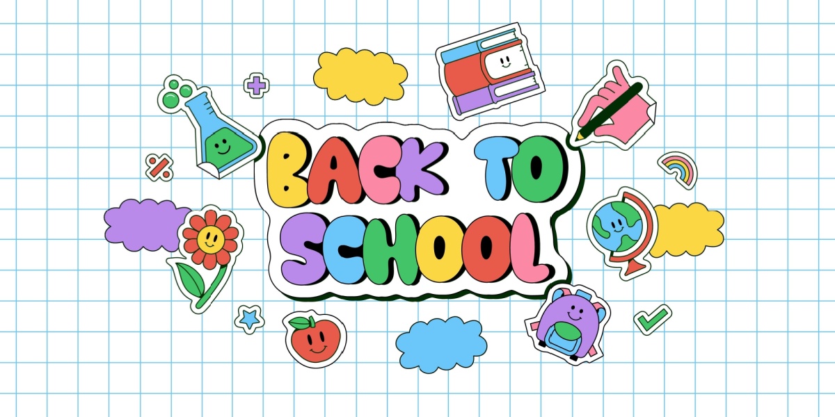 Colorful back-to-school illustration with books, globe, backpack, apple and pencil icons on a grid background.