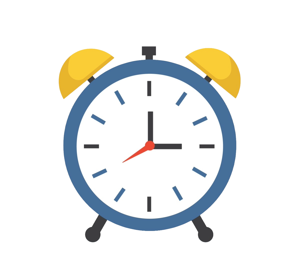 Blue twin-bell alarm clock with yellow bells and a white dial, standing on two legs on a black background, showing current time.