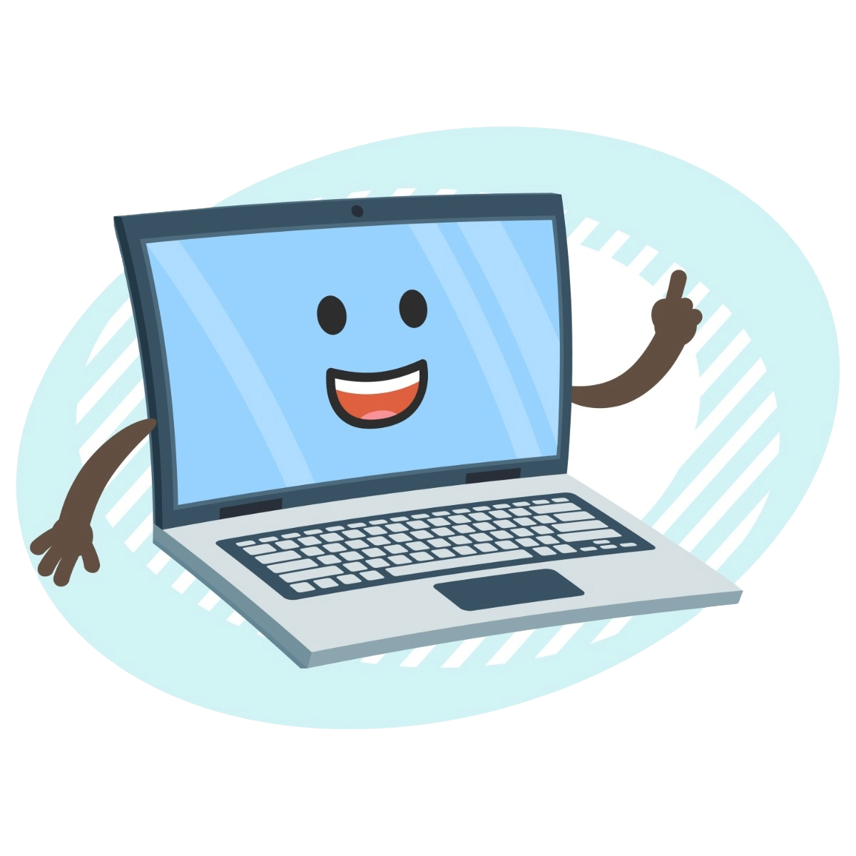 Friendly cartoon laptop with a smiling screen, waving one hand and giving a thumbs up against a light blue backdrop.