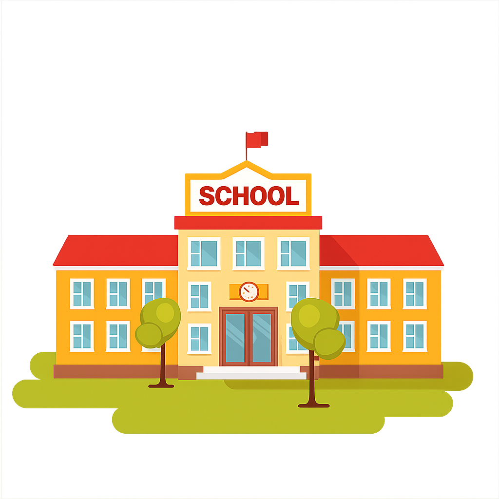 Cartoon-style yellow school building with red roof, central clock, and green trees in front.