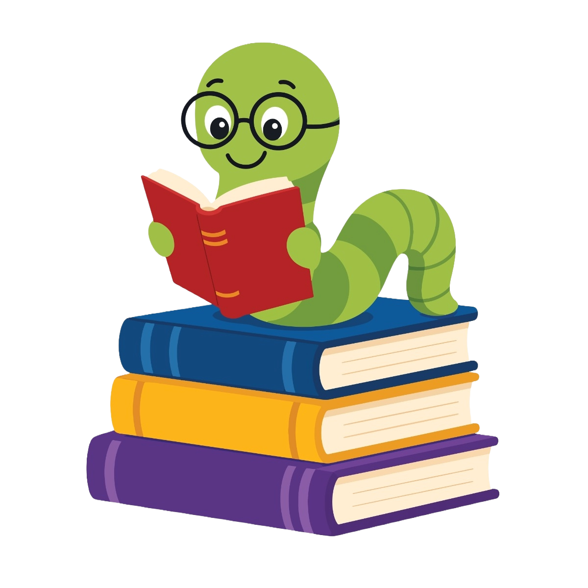 Green worm with glasses reads a red book while perched on a stack of colorful books, a playful learning scene.