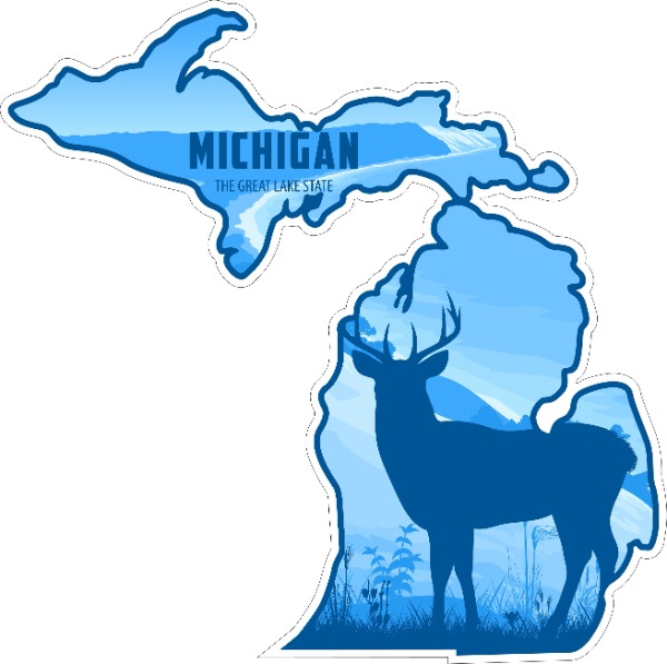 Map outline of Michigan with a blue deer silhouette inside a forest scene; text reads 'Michigan - The Great Lake State'.