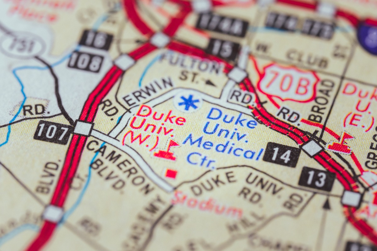 Close-up map section around Duke University Medical Center with red highways and route numbers.