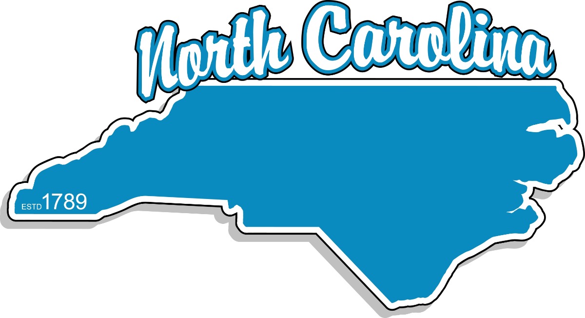 Blue silhouette of North Carolina in the shape of the state, with a bold 'North Carolina' script above and 'ESTD 1789' on the lower left.
