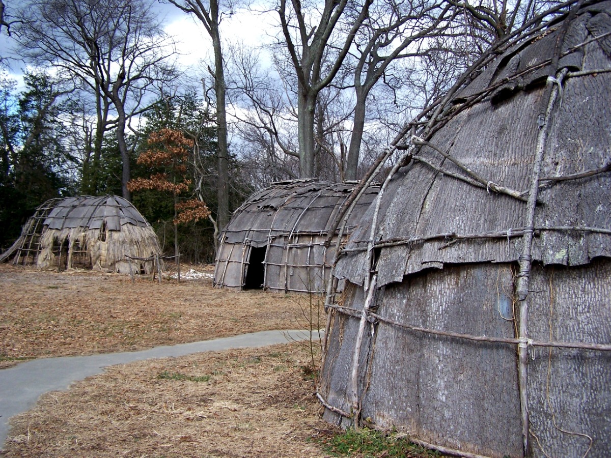 Round, thatched huts with wooden lattice frames in a bare yard and leafless trees in the background. informative scene of traditional shelters.