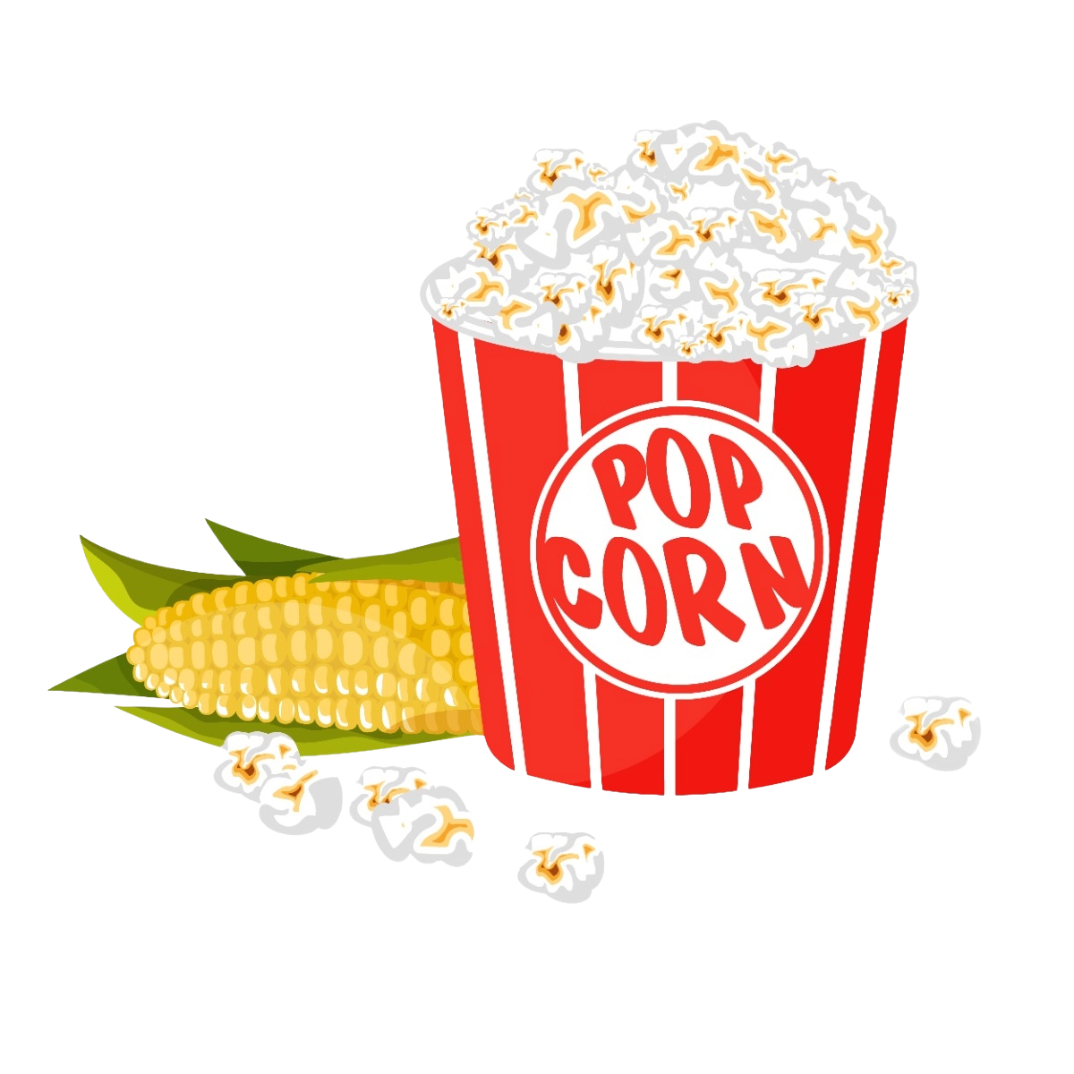 Red striped popcorn bucket overflowing with popcorn, corn on the cob beside it, and scattered popcorn kernels on a black background.