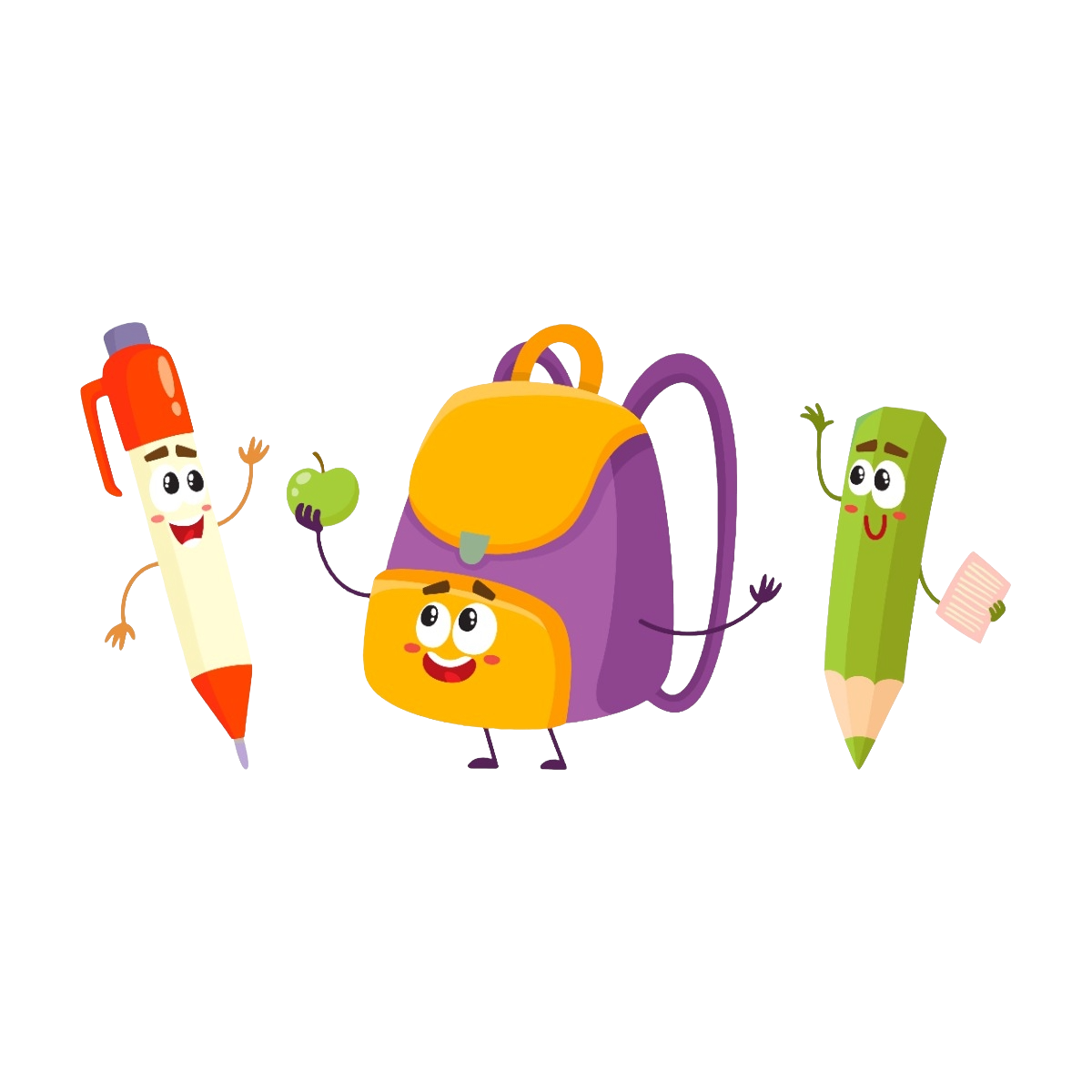 Playful cartoon school supplies: a purple-yellow backpack flanked by a smiling marker and a smiling pencil, with a green apple nearby.