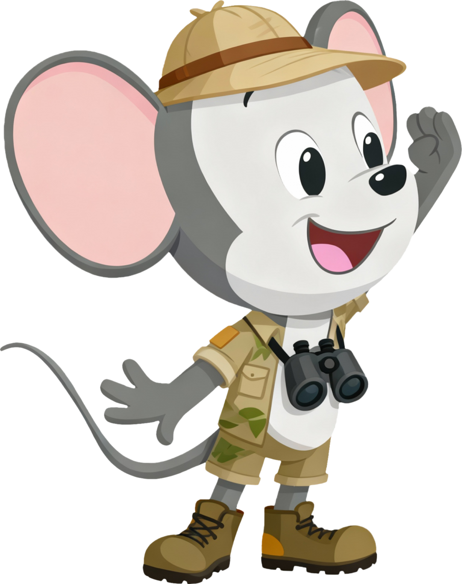 Cartoon mouse explorer in a safari outfit with binoculars and hat, waving hello.