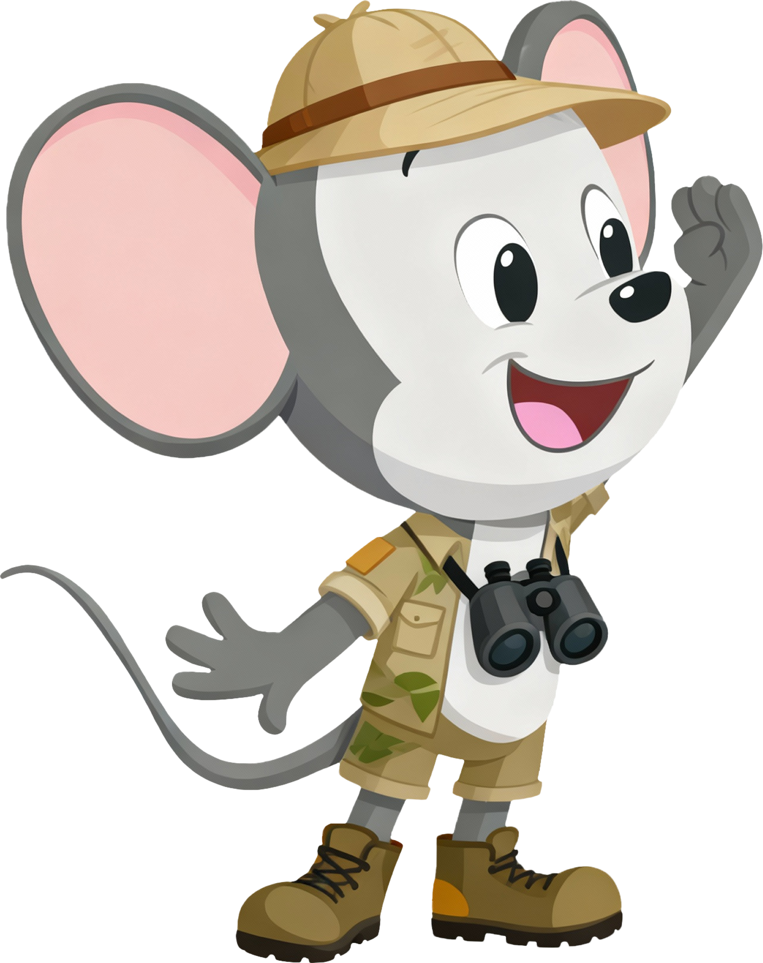 Cartoon mouse explorer in a safari outfit with binoculars and hat, waving hello.
