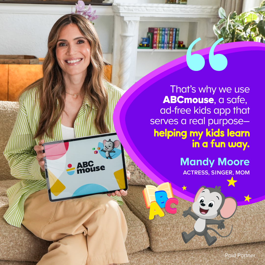 Mandy Moore smiling while holding a tablet displaying ABCmouse, alongside a quote about using the safe, ad-free learning app to help her children learn in a fun way.