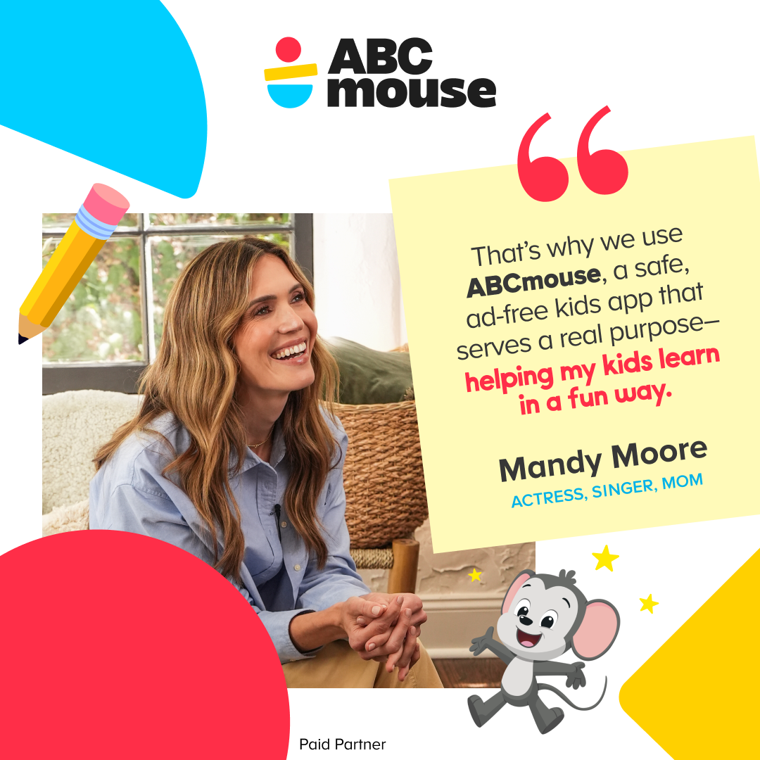 Mandy Moore smiles alongside an ABCmouse quote about safe, ad-free screen time that helps her kids learn in a fun way.