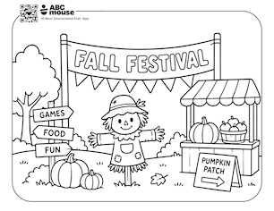 Fall festival scene free printable coloring page for kids from ABCmouse.com.