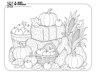 Beautiful harvest scene free printable fall themed coloring page for preschoolers from ABCmouse.com.