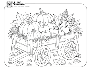 Wagon harvest free printable fall themed coloring page for kids from ABCmouse.com.