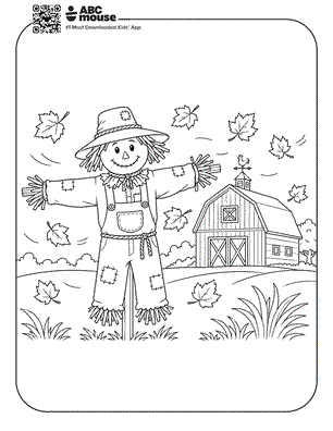 Scarecrow and barn free printable fall themed coloring page for preschoolers from ABCmouse.com.