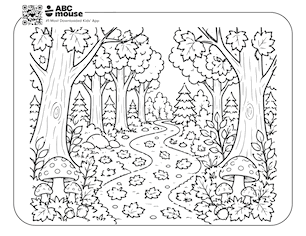 Forest scene free printable fall themed coloring page for kids from ABCmouse.com.