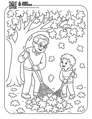 Grandpa and kid raking free printable fall themed coloring page for preschoolers from ABCmouse.com.