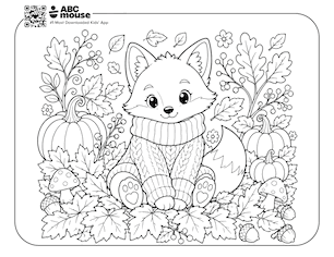 Happy fox free printable fall themed coloring page for kids from ABCmouse.com.