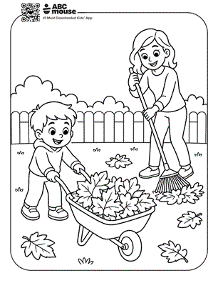 Kid and mom raking leaves free printable fall themed coloring page for preschoolers from ABCmouse.com.