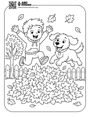 kid jumping in leaves free printable fall themed coloring page for preschoolers from ABCmouse.com. c