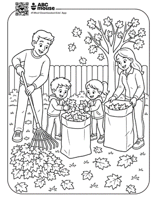 Family raking free printable fall themed coloring page for preschoolers from ABCmouse.com.