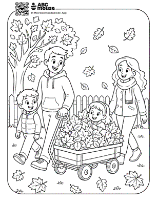 family walking in leaves free printable fall themed coloring page for preschoolers from ABCmouse.com.