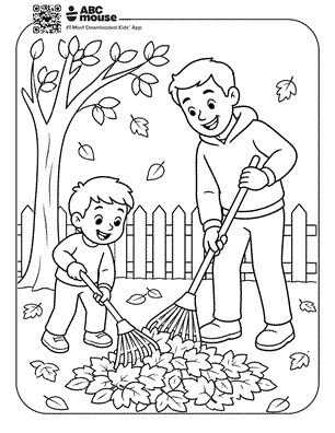 Kid and dad raking free printable fall themed coloring page for preschoolers from ABCmouse.com.