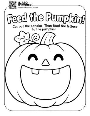 Line drawing of a smiling pumpkin with triangular eyes; title 'Feed the Pumpkin!' and instructions: cut out the candies, then feed the letters to the pumpkin.