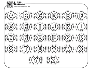 Alphabet chart with A–Z in candy-shaped frames arranged in a grid for learning letters, on a white board.