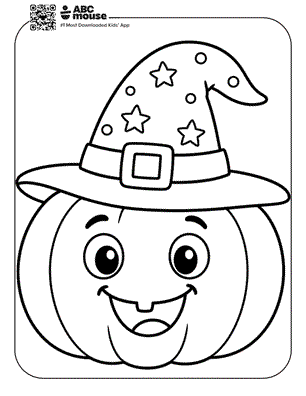 Happy pumpkin wearing a tall wizard hat with stars and a buckle, smiling at the viewer.