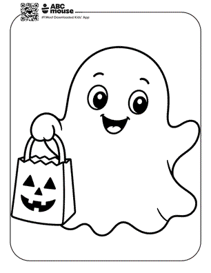 Smiling cartoon ghost holding a Halloween jack-o'-lantern treat bag.