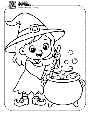 Young girl wearing a witch's hat stirs a bubbling cauldron with a wooden spoon.