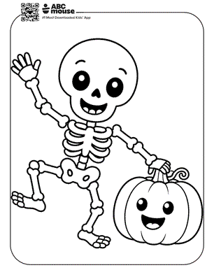 Cartoon skeleton dancing with a smiling pumpkin on a Halloween-themed border.