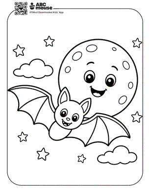 Happy, friendly bat flying in front of a full moon with stars and clouds in a night-sky coloring page.