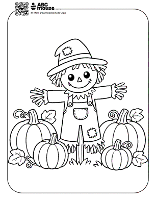 Friendly scarecrow with patched clothing stands in a pumpkin patch, arms spread, autumn leaves around.