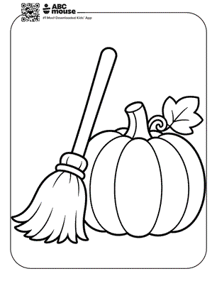 Line drawing of a pumpkin and a broom resting beside it, Halloween-themed coloring page image.