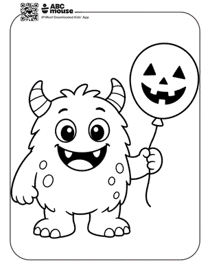 Cartoon fluffy monster with horns and big eyes, holding a pumpkin-shaped jack-o'-lantern balloon.