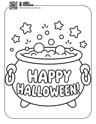 Line drawing of a bubbling cauldron with 'HAPPY HALLOWEEN!' text, surrounded by stars and bubbles in a coloring-page style.