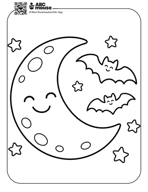 Cartoon coloring page: smiling crescent moon with stars and two friendly bats flying nearby.
