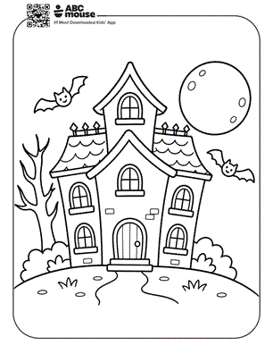 Halloween-themed illustration of a spooky house with arched windows, bats in the sky, a full moon, bare trees, and a winding path on a hill; suitable for coloring.