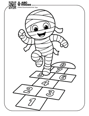 Cartoon mummy wrapped in bandages jumping on a hopscotch grid labeled 1 through 8.
